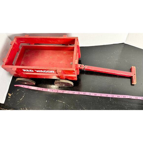 Antique Wooden Wagon Childrens Pull Toy, RED WAGON About 14"x11" Baby Decor - Picture 2 of 10